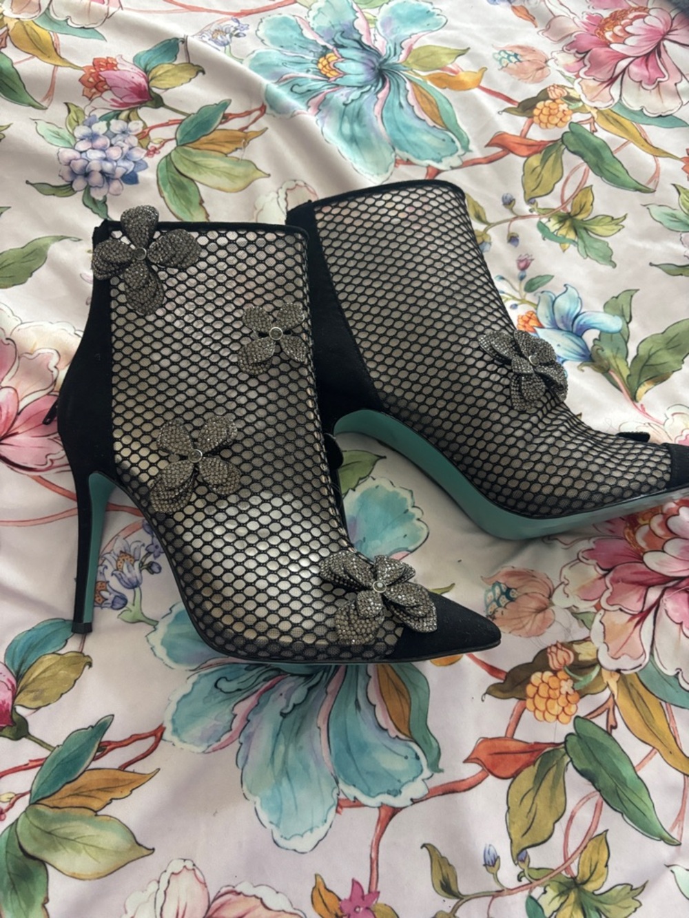 Black Mesh Floral Embellished High Heel Ankle Boots